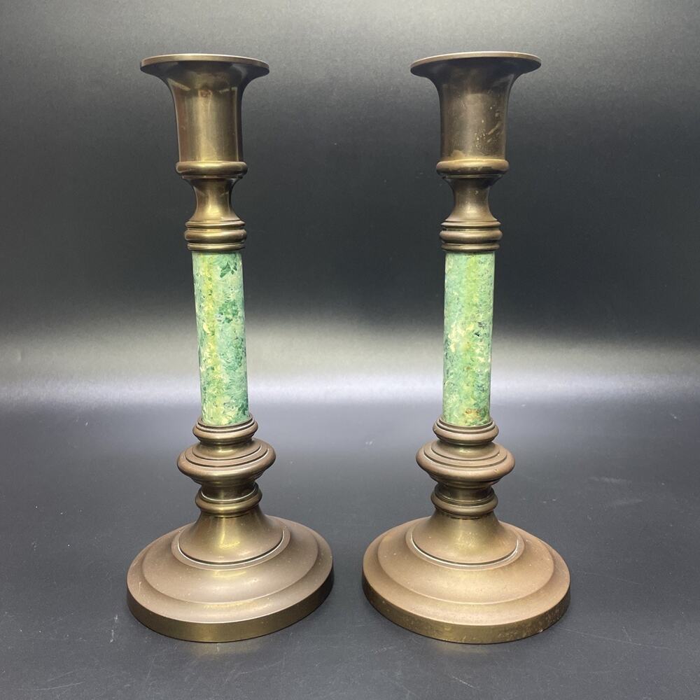 Mid 20th Century Brass & Malachite Regency Style Column Candle Holders Set of 2